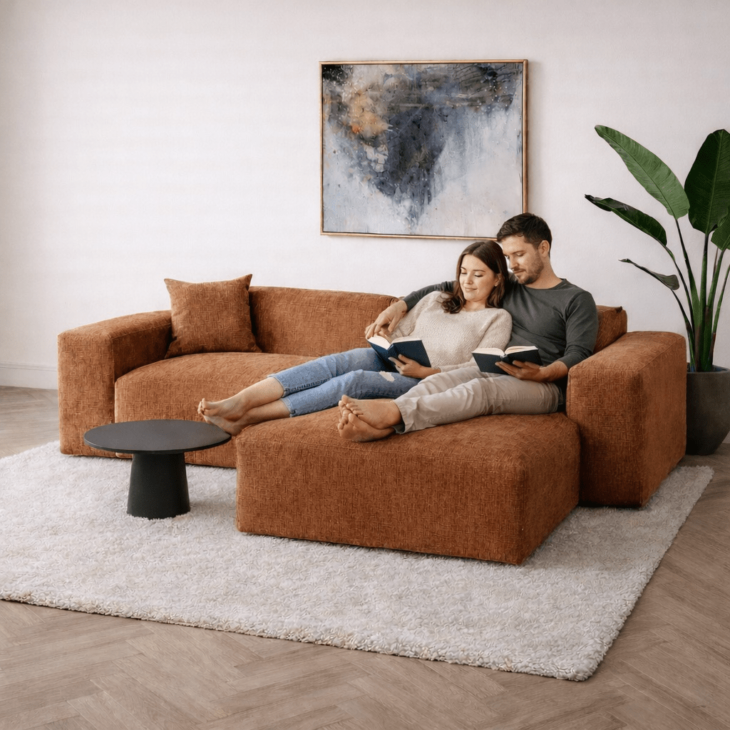 Hoekbank koper chenille Wayne 264 cm - hoek links en rechts monteerbaar