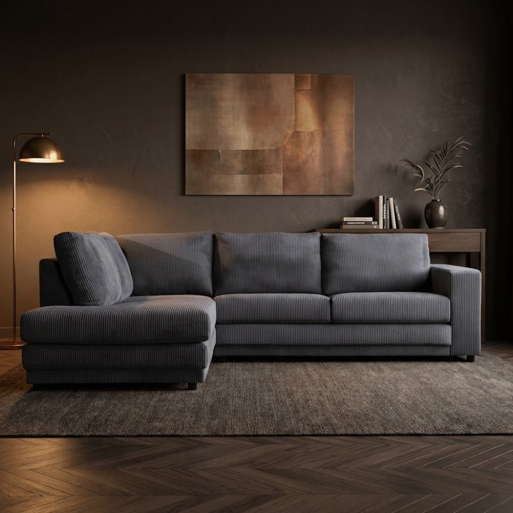 Hoekbank antraciet ribstof plofbank Gabi - links