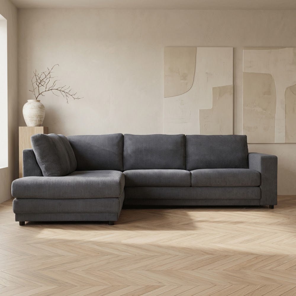 Hoekbank antraciet ribstof plofbank Gabi - links