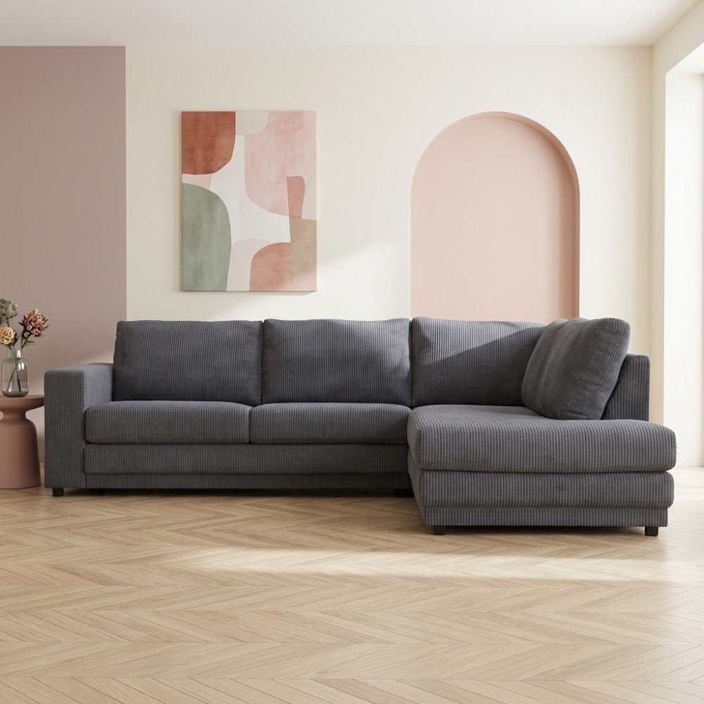 Hoekbank antraciet ribstof plofbank Gabi - rechts