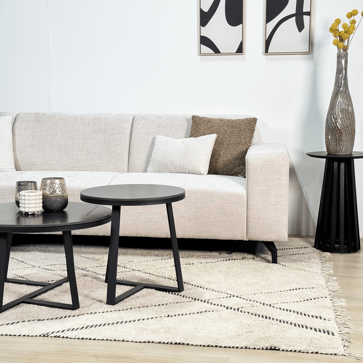 Hoekbank met chaise longue beige chenille stof Manon - links