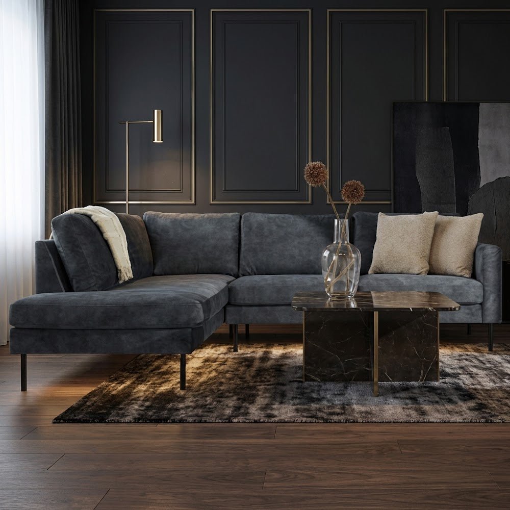 Hoekbank antraciet velvet hoge poten Gaya - links