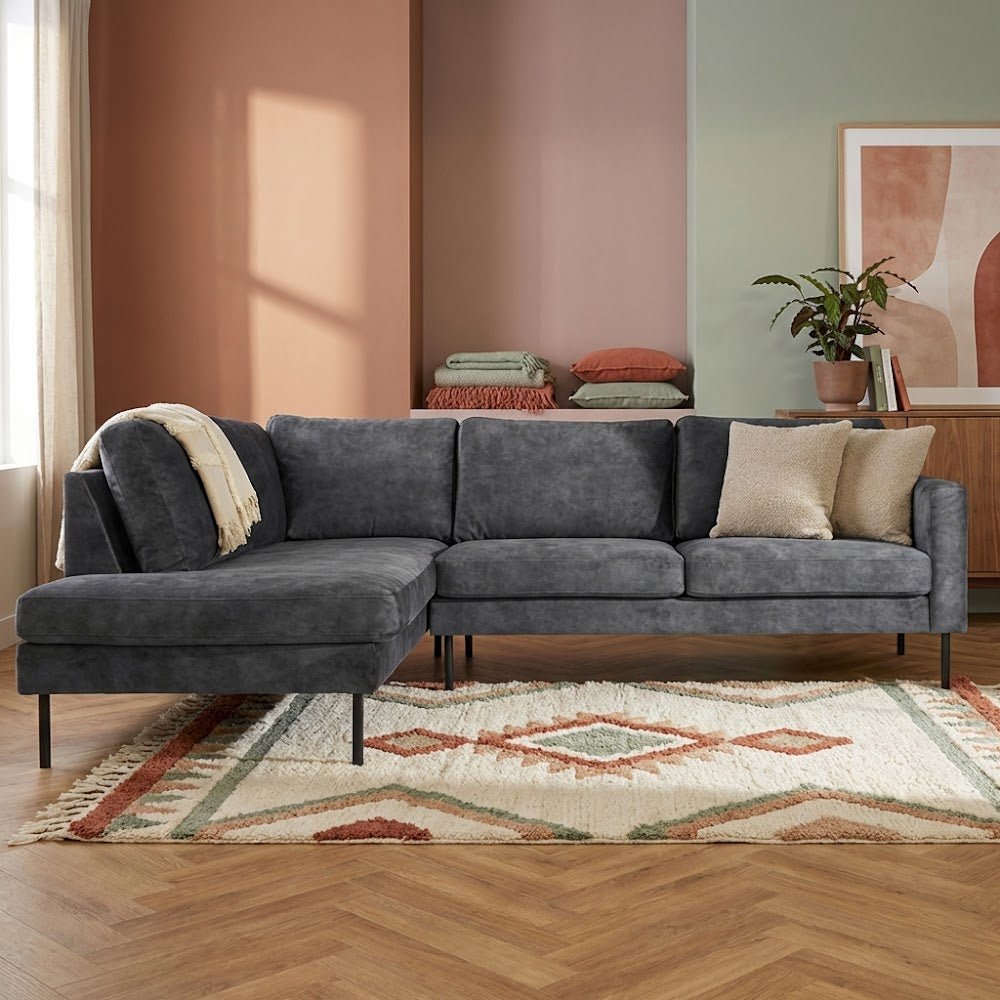 Hoekbank antraciet velvet hoge poten Gaya - links