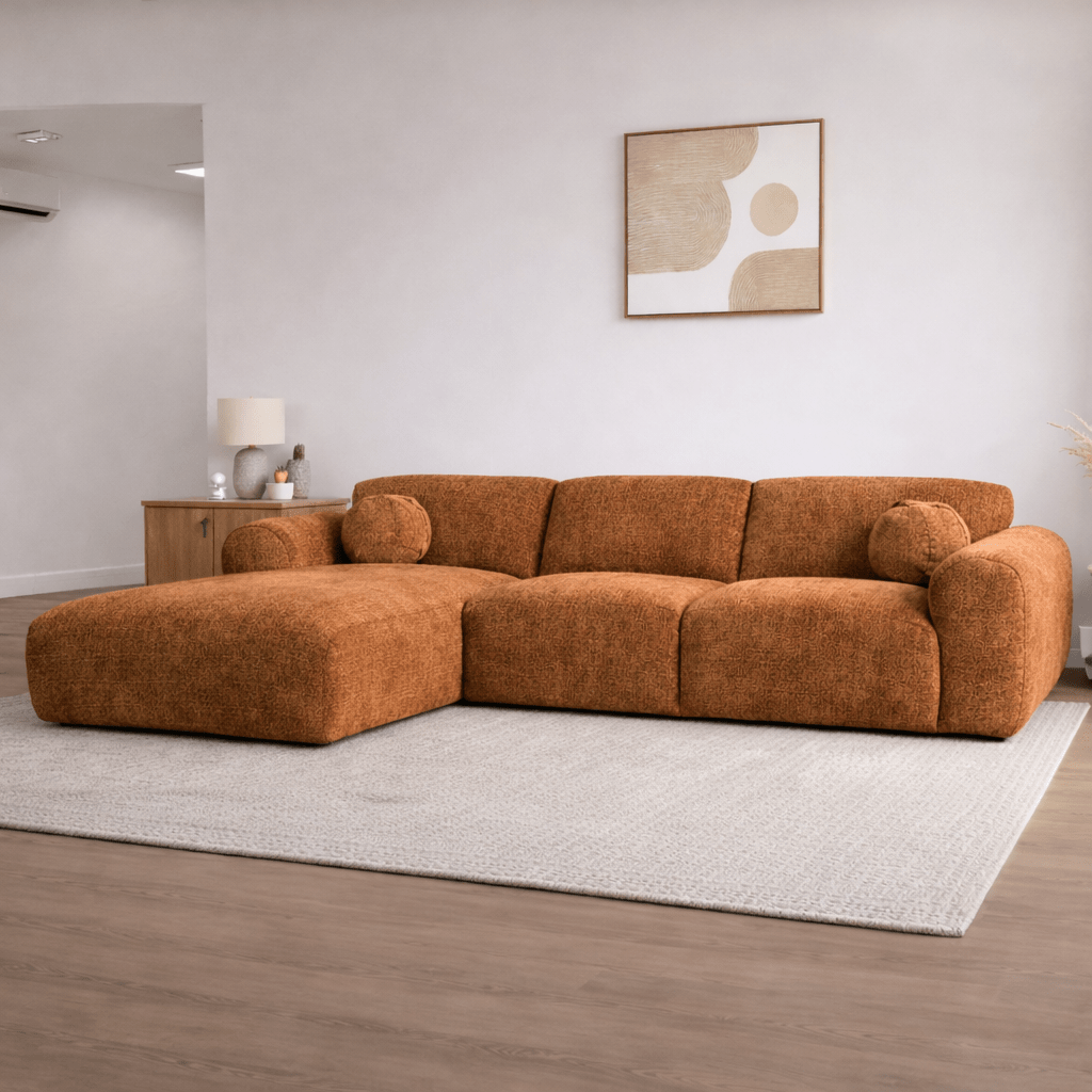 Banken - Hoekbank koper chenille stof - 292x169 cm - Shane - links - Dimehouse