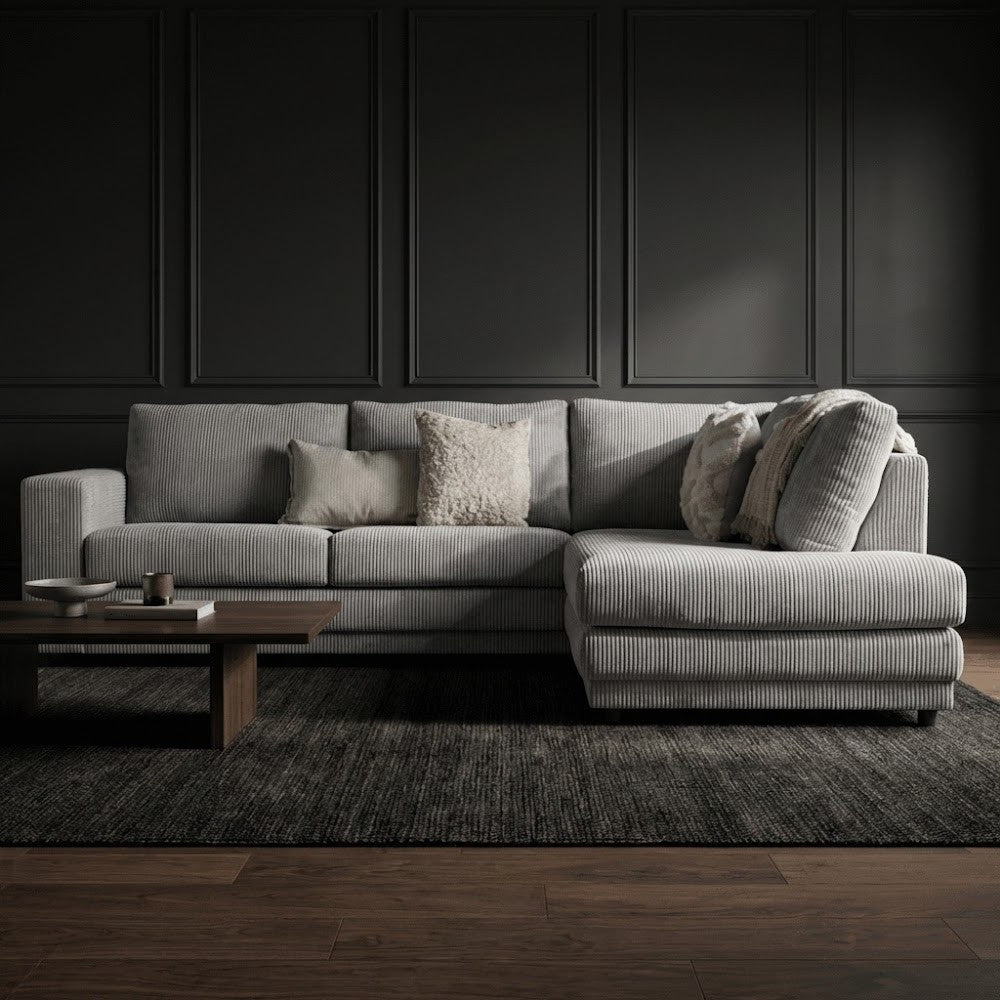 Hoekbank lichtgrijs ribstof plofbank Gabi - rechts