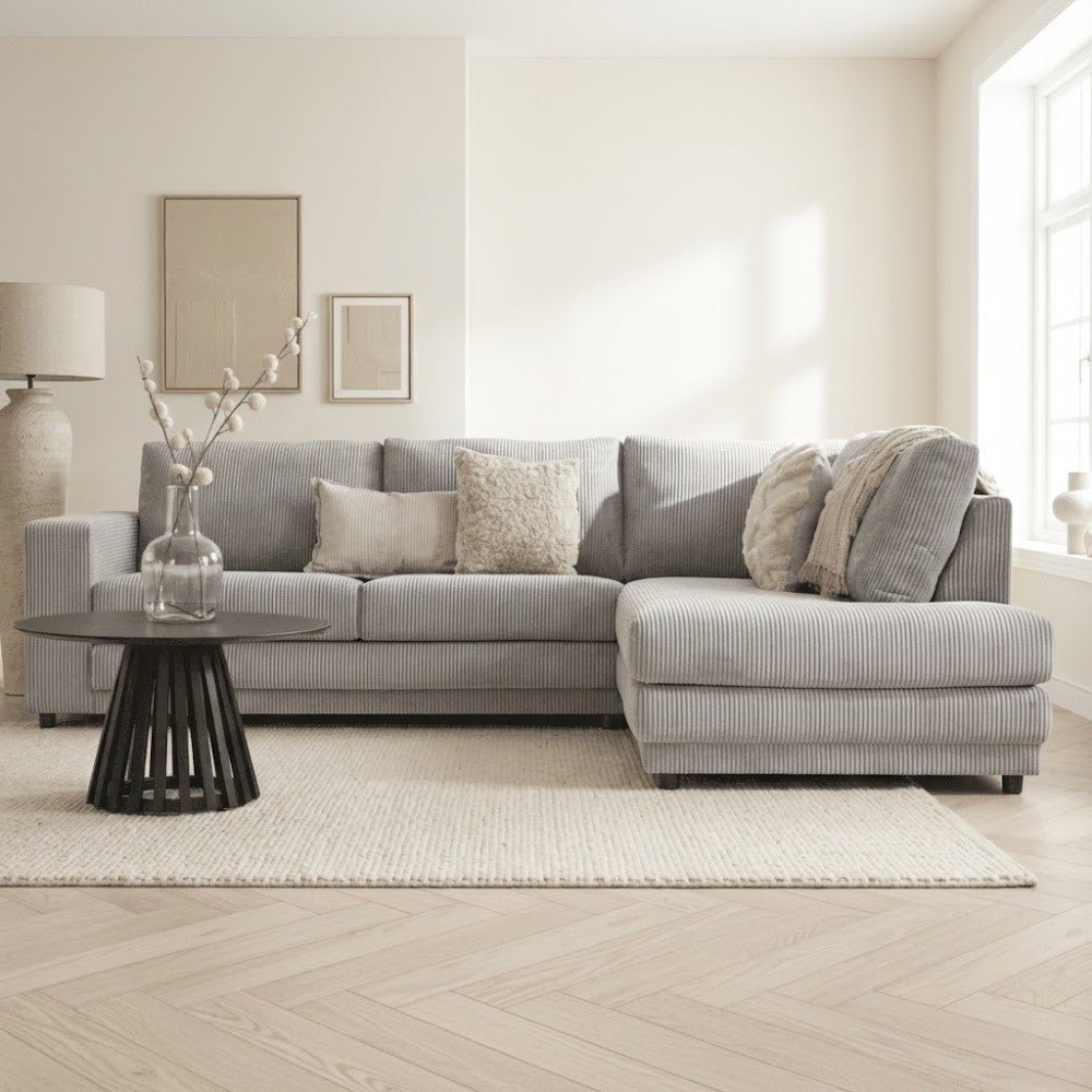 Hoekbank lichtgrijs ribstof plofbank Gabi - rechts