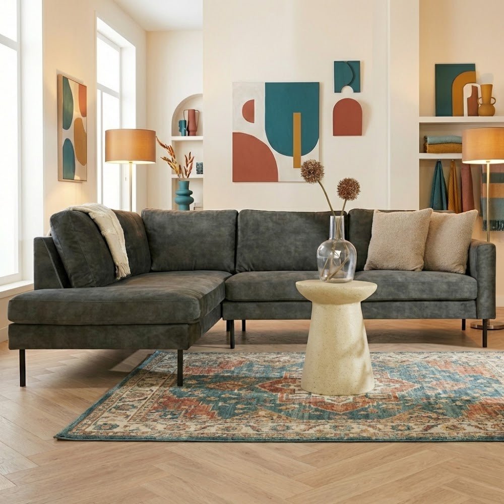 Hoekbank groen velvet hoge poten Gaya - links