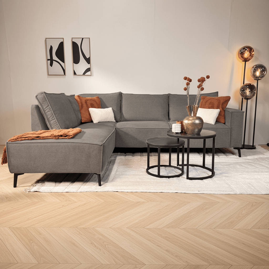 Hoekbank met chaise longue antraciet chenille Yara - links