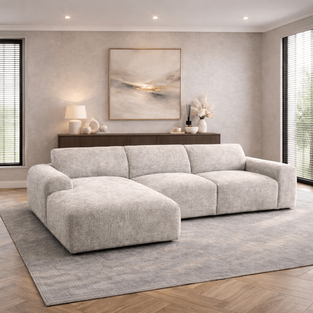 Hoekbank met lounge beige chenille stof Shane - links