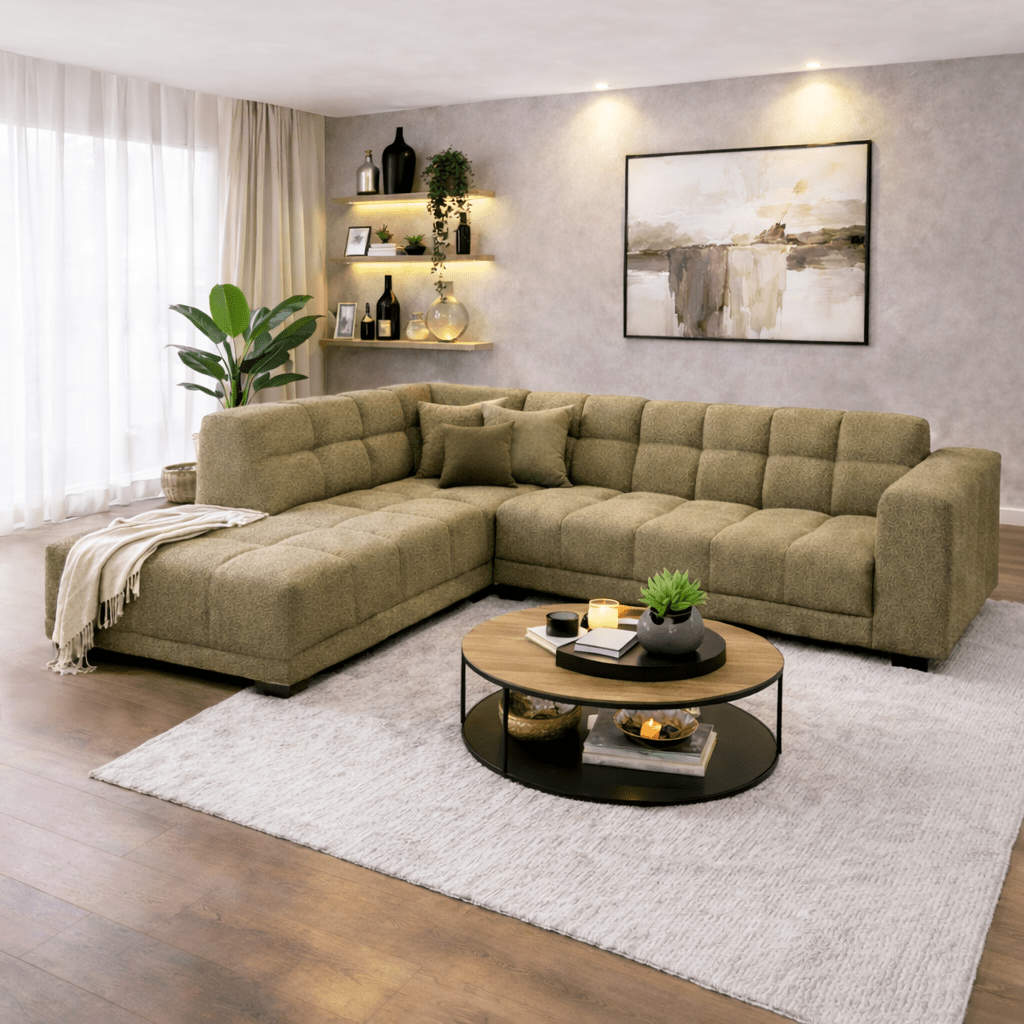 Hoekbank met lounge olijf groen bouclé stof Nova - links