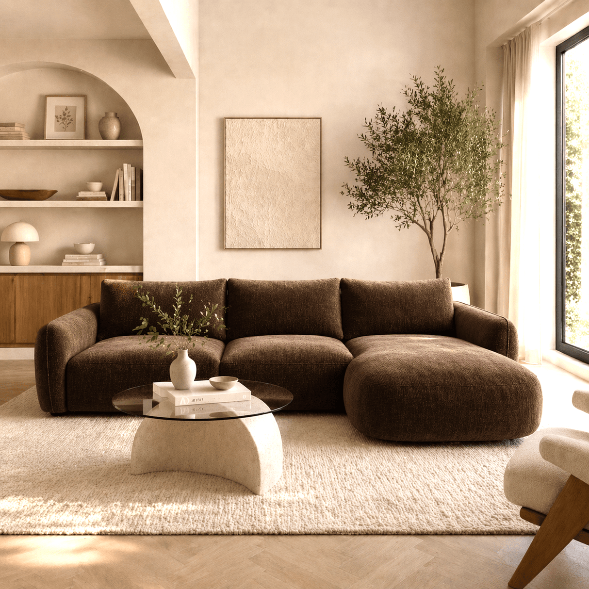 Hoekbank ronde longue mokka bruin velvet structuurstof Dwayne - rechts