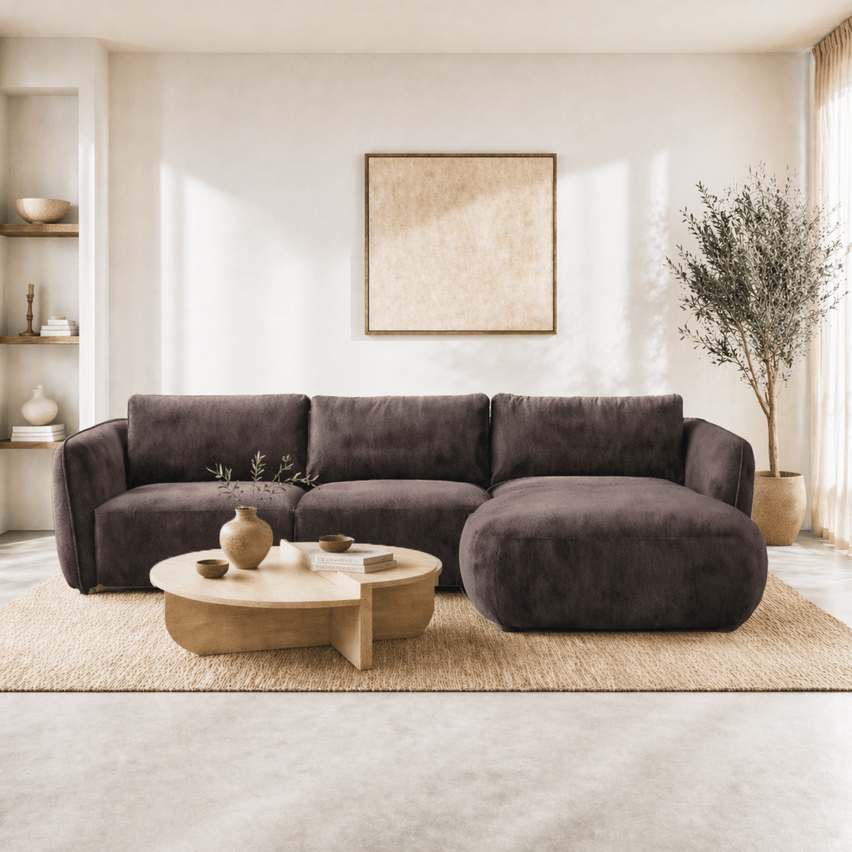 Hoekbank ronde longue mokka bruin velvet structuurstof Dwayne - rechts