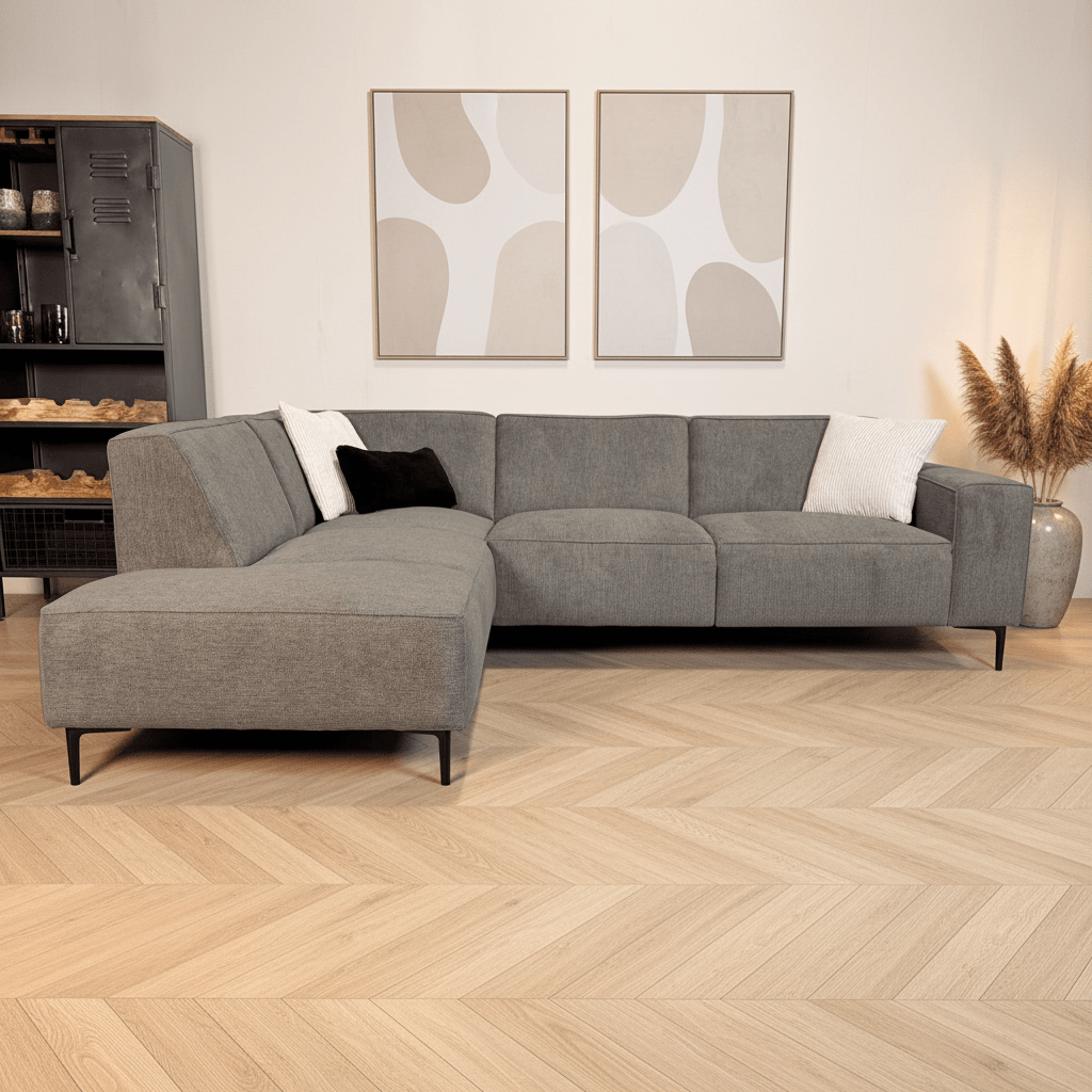 Hoekbank taupe chenille gemêleerd Ravi – links