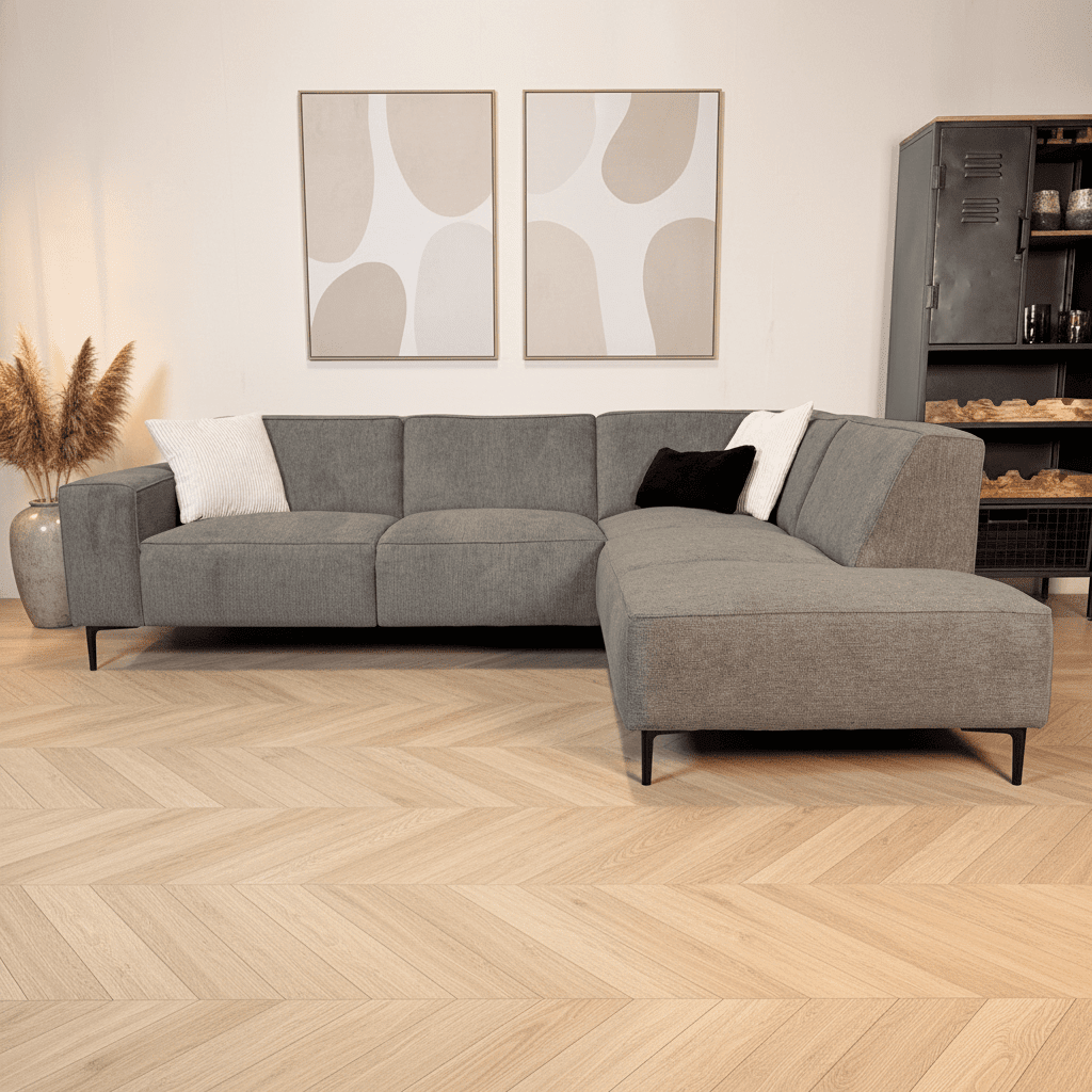 Hoekbank taupe chenille gemêleerd Ravi – rechts