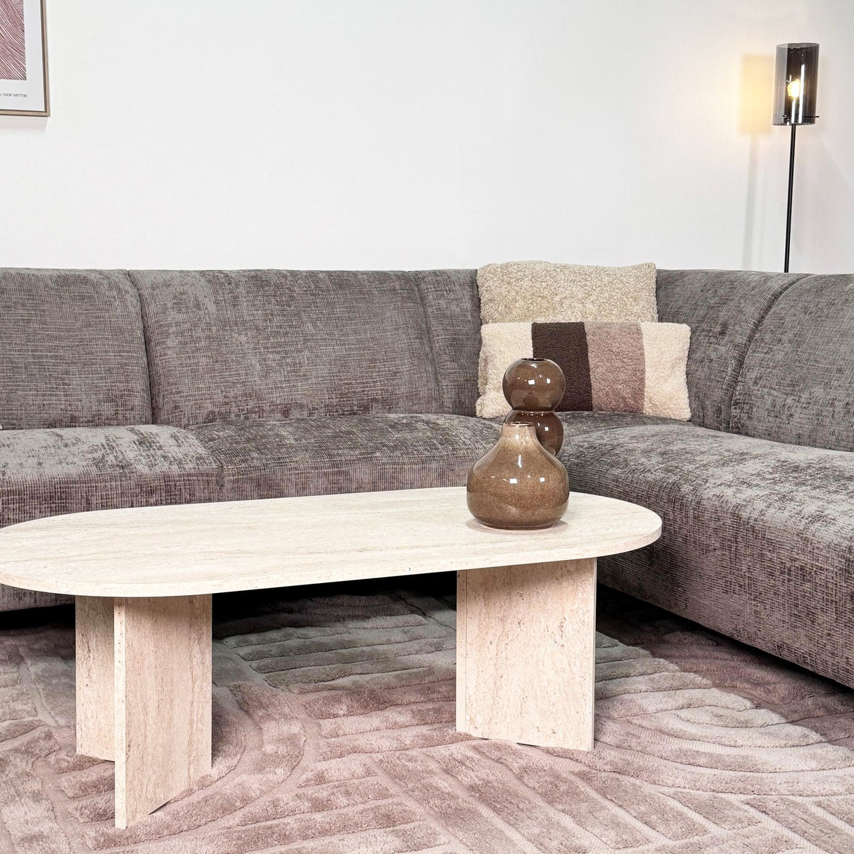 Hoekbank met chaise longue taupe chenille stof Manon - rechts