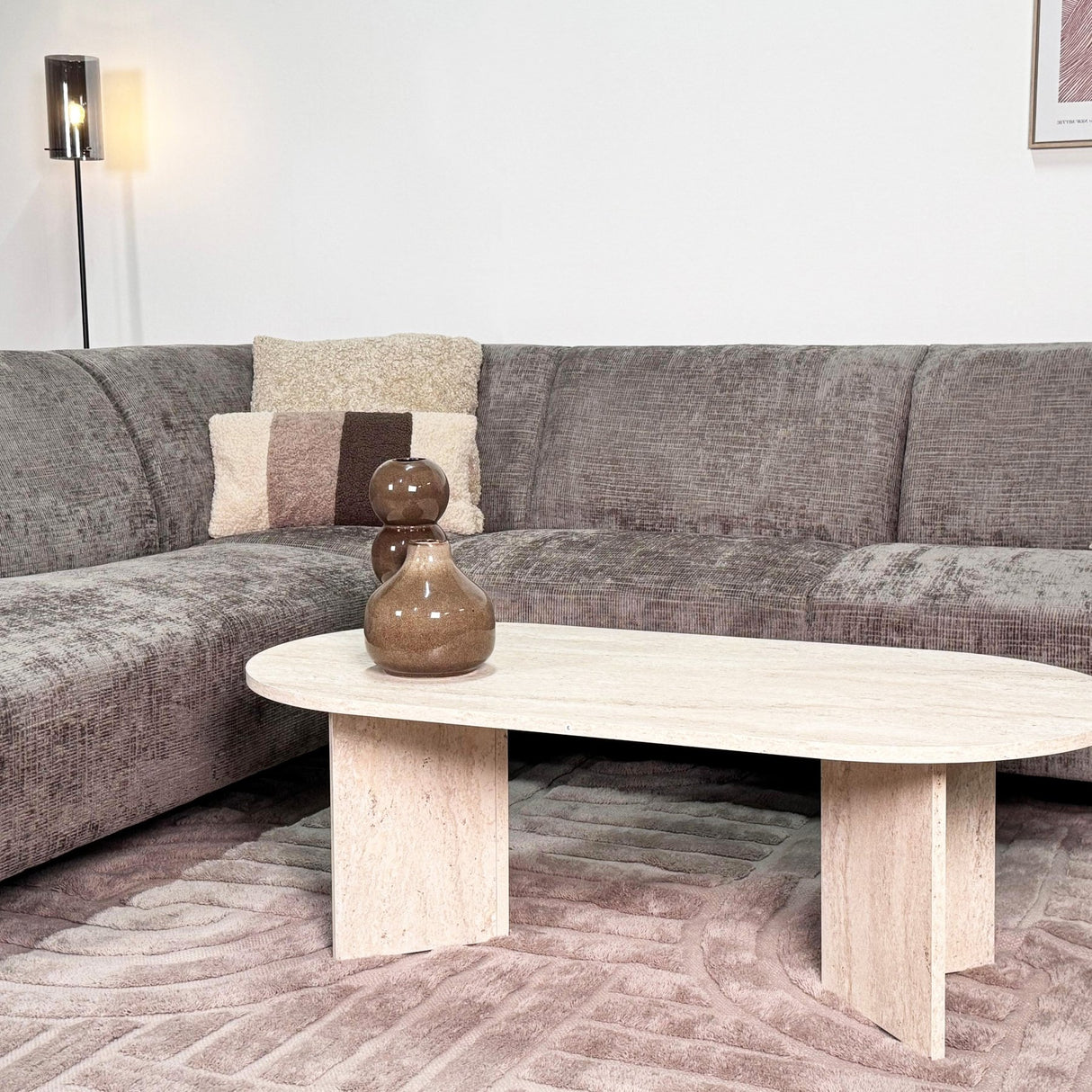 Hoekbank met chaise longue taupe chenille stof Manon - links