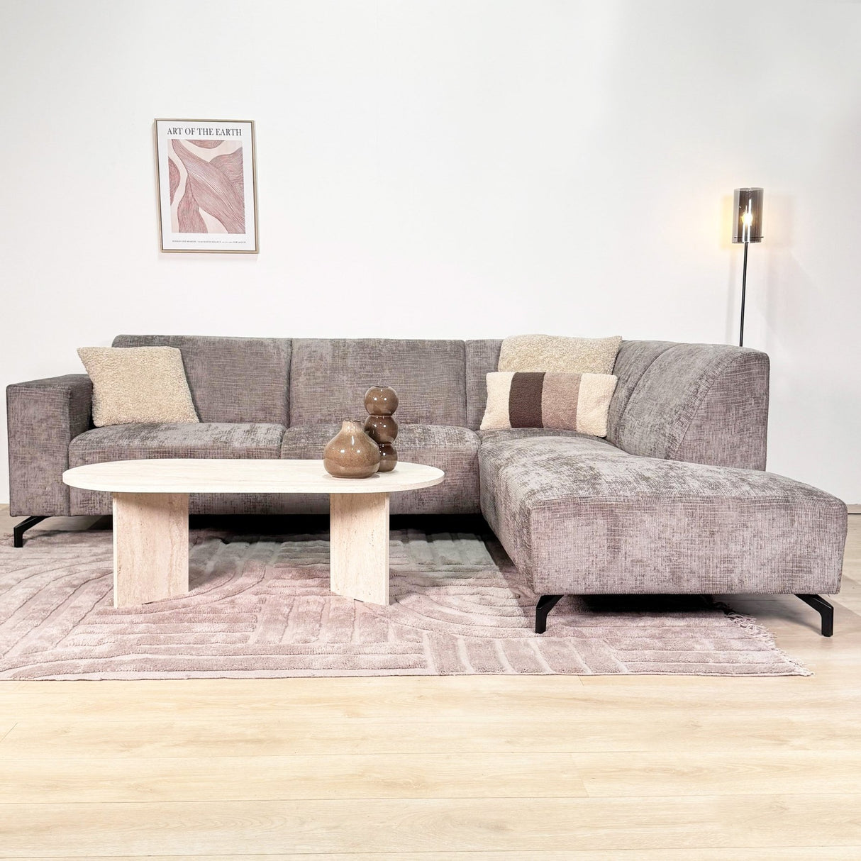 Hoekbank met chaise longue taupe chenille stof Manon - rechts