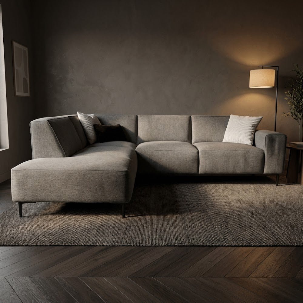 Hoekbank taupe chenille gemêleerd Ravi – links