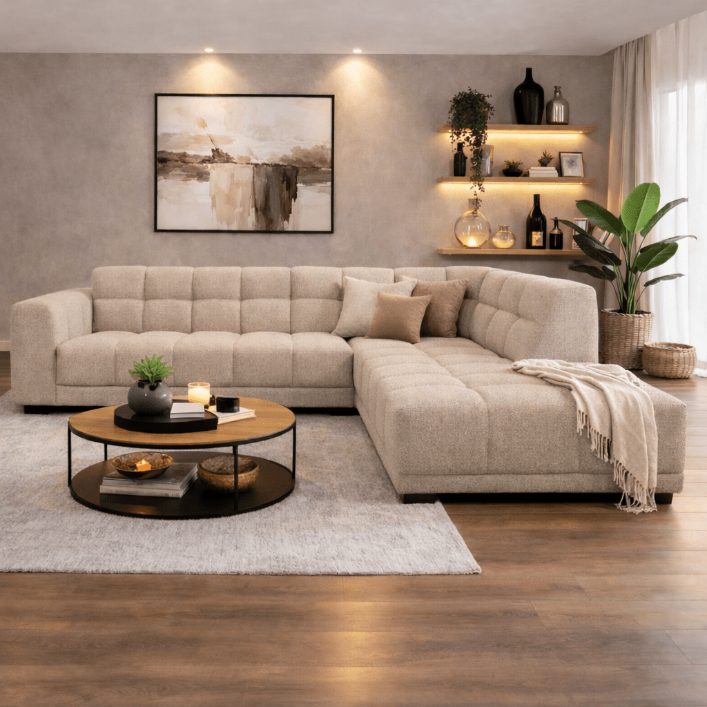 Hoekbank met lounge beige bouclé stof Nova - rechts