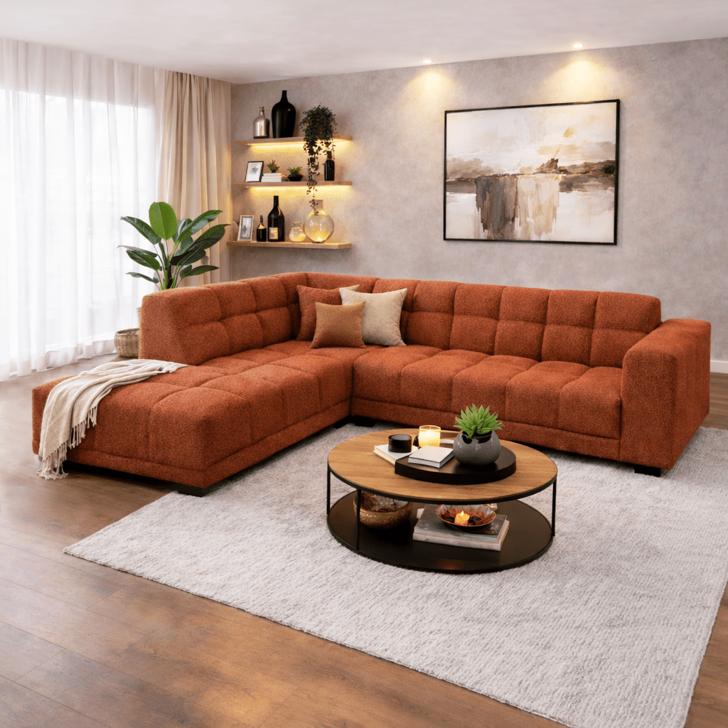 Hoekbank met lounge koper bouclé stof Nova - links