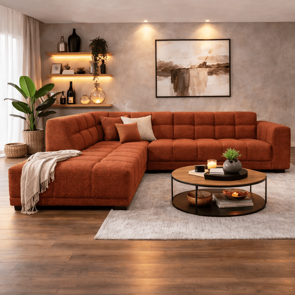 Hoekbank met lounge koper bouclé stof Nova - links