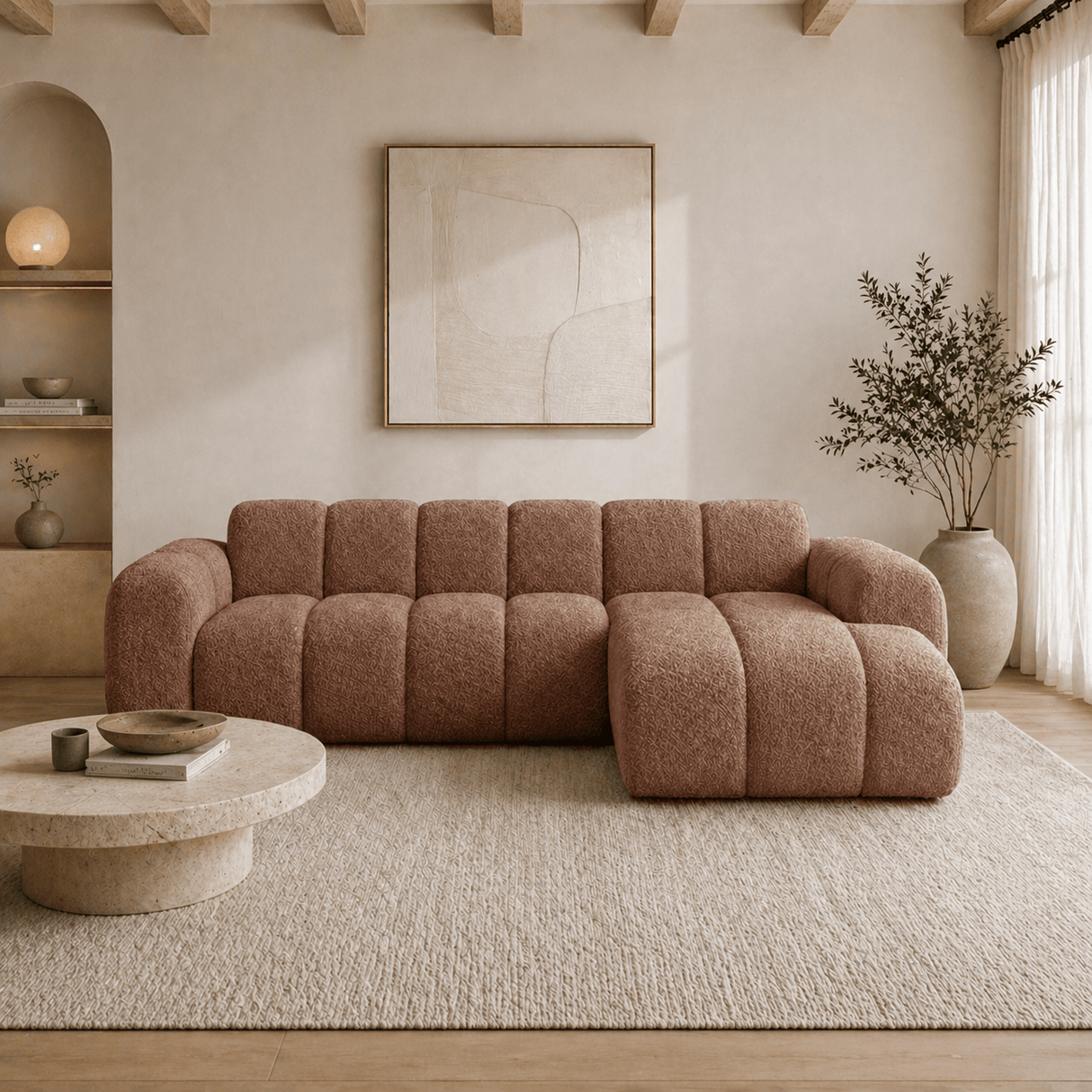 Hoekbank met lounge koper bouclé stof - strepen - rechts - Brix