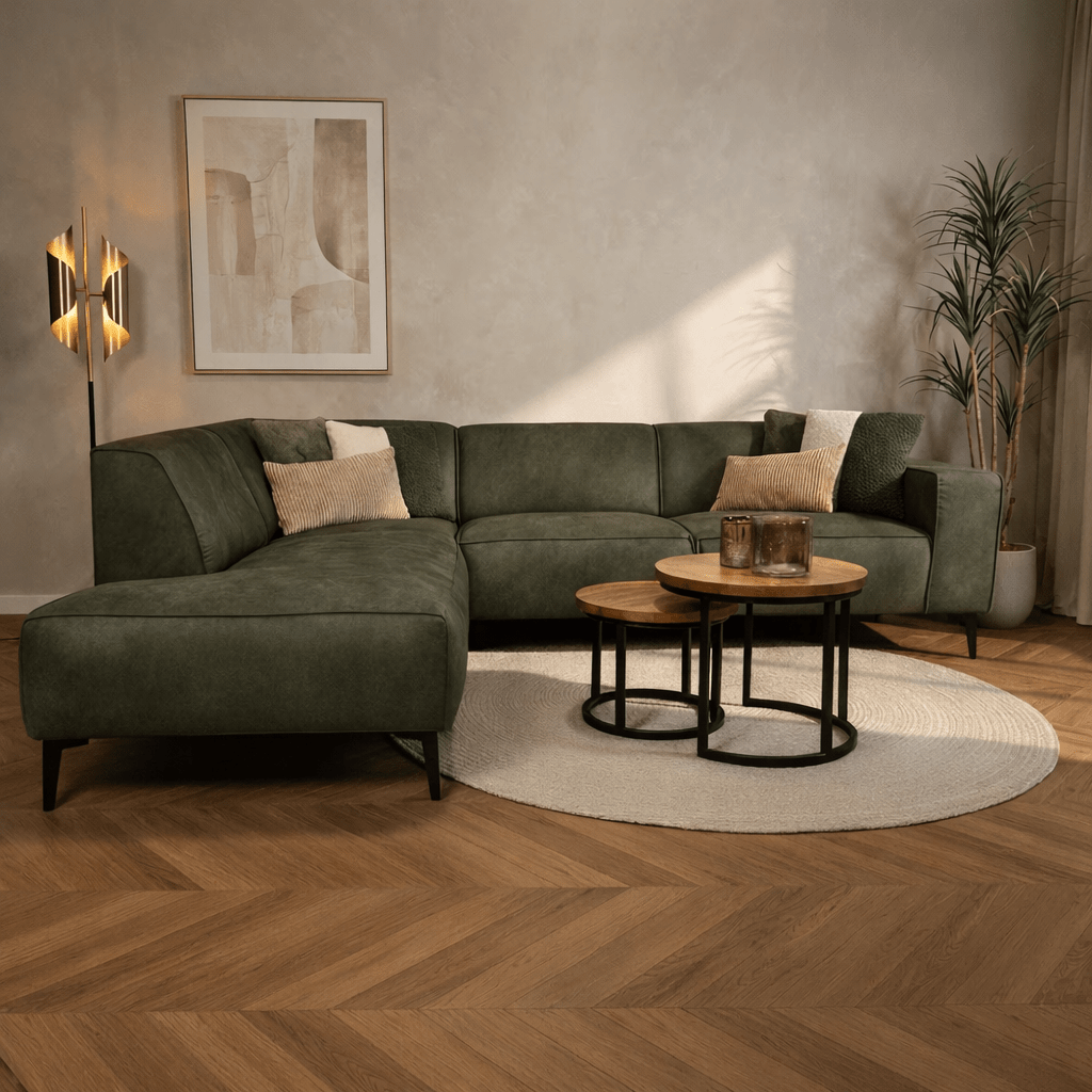 Industriële hoekbank olijfgroen eco-leer Brisbane - links