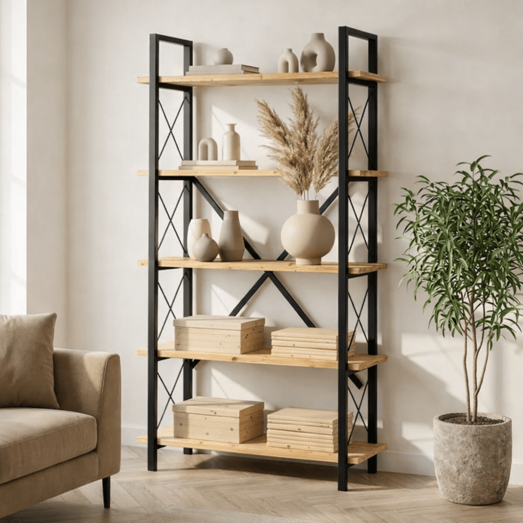Industriële boekenkast eiken melamine Ely - zwart frame - 180x90 cm