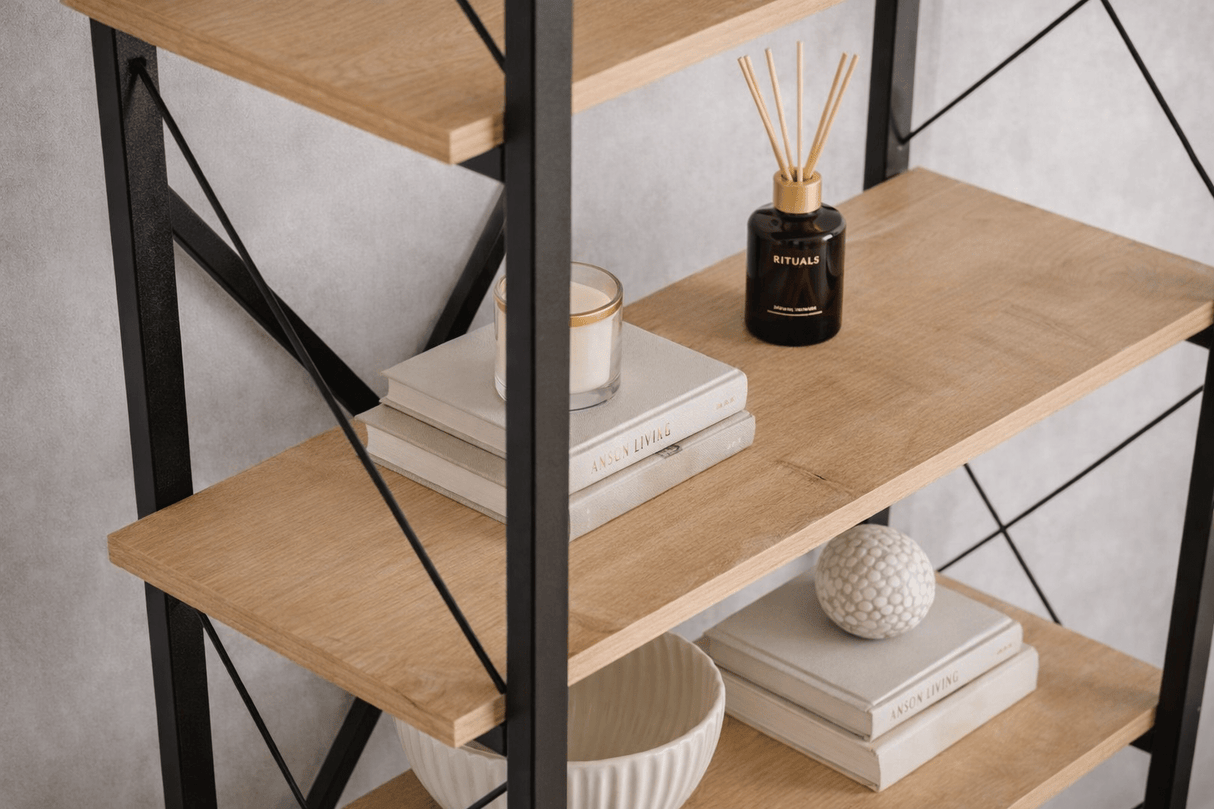 Industriële boekenkast eiken melamine Ely - zwart frame - 180x90 cm