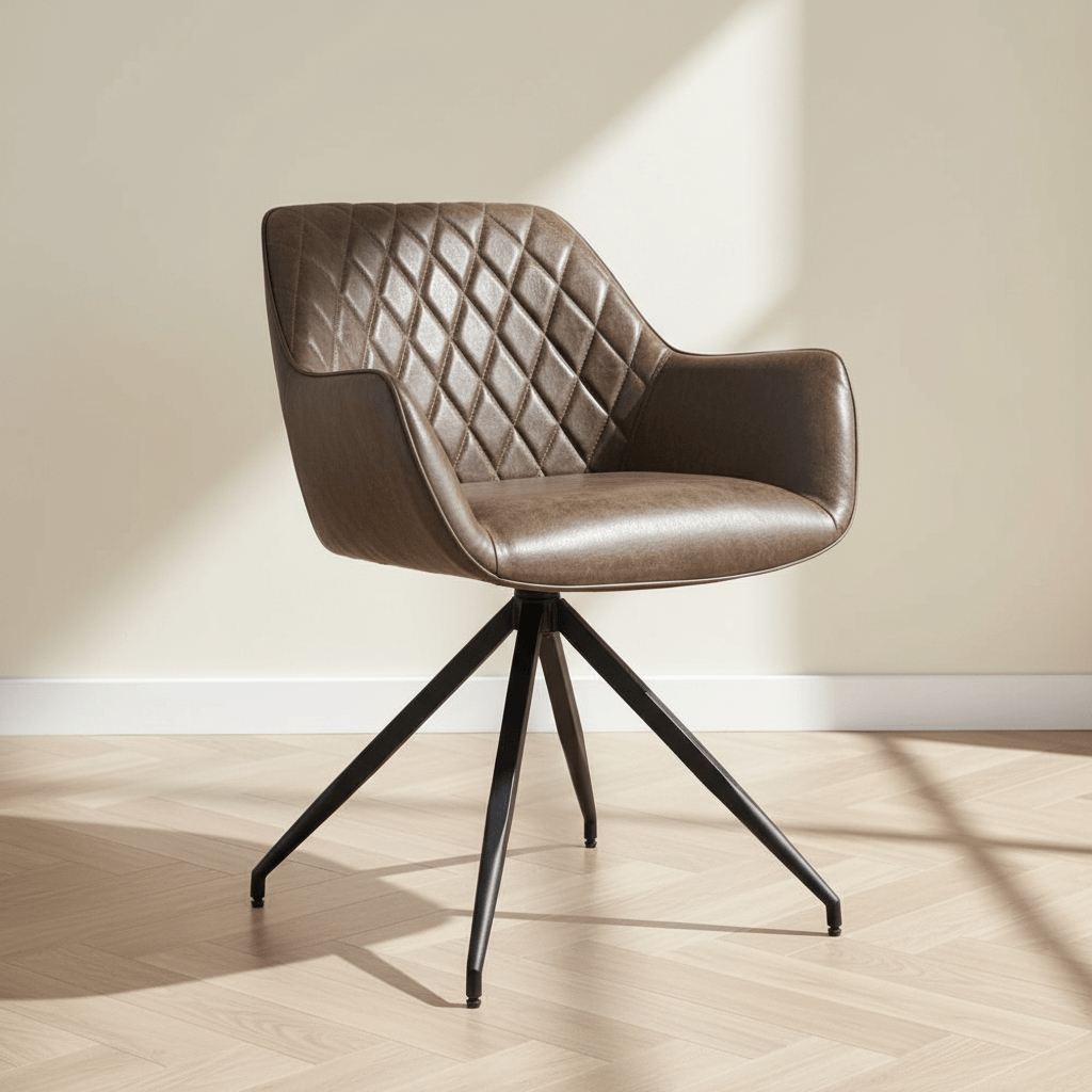 Industriële Eetkamerstoel Taupe Gian - Kunstleer - Ruitpatroon - Met Armleuningen