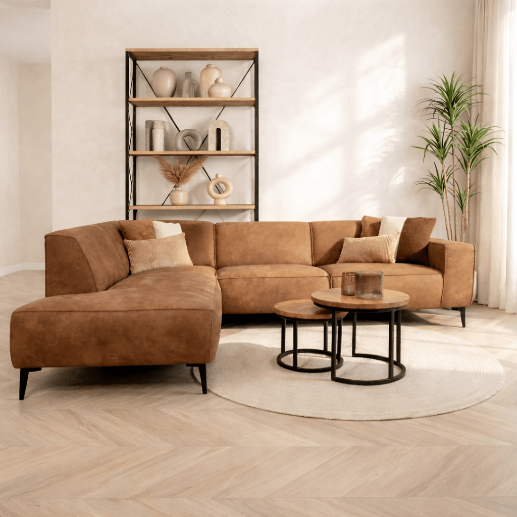Industriële hoekbank cognac eco-leer Brisbane - links