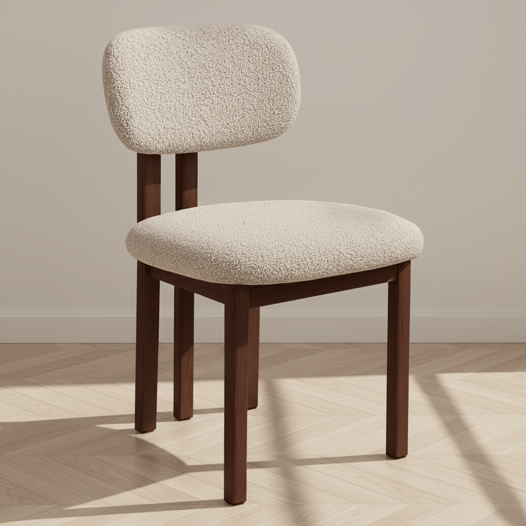 Japandi Eetkamerstoel Miyo Bouclé Zandkleur - Walnootlook Frame