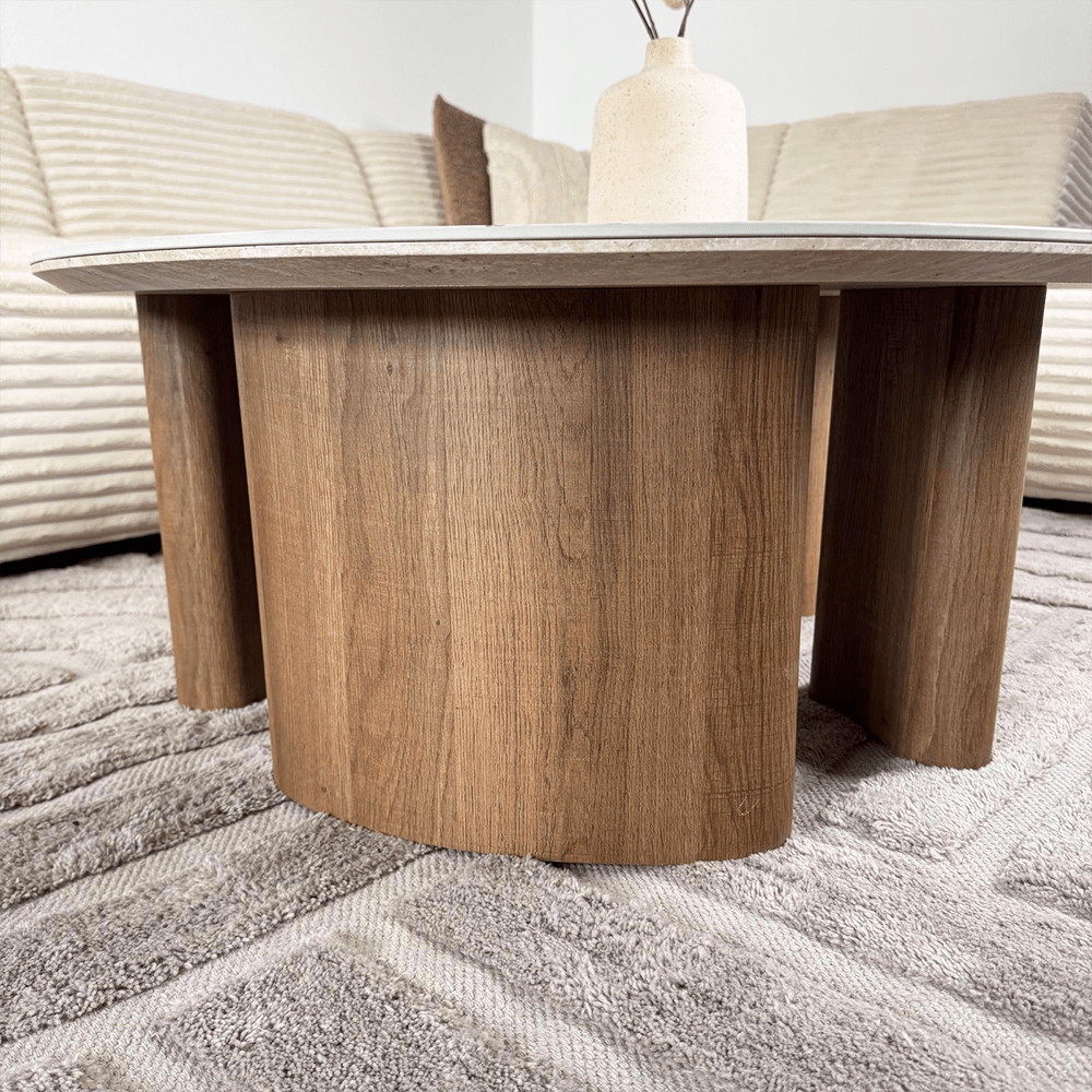 Salontafel set van 2 Jimi travertin blad met walnoot onderstel