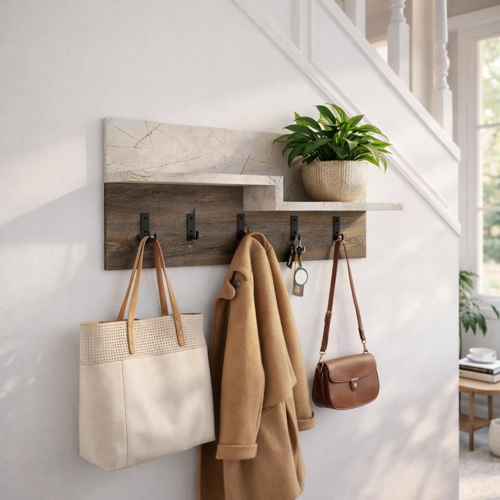 Kapstok Travertine Melamine - 5-Haaks Rustiek Eiken - 65 cm - Lagona