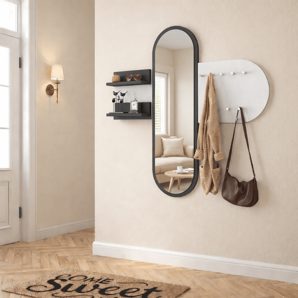 Kapstok Wit Melamine 9-Haaks - Met Spiegel - Twee Plankjes - Hally