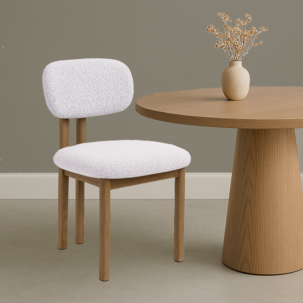 Japandi Eetkamerstoel Miyo Bouclé Beige - Eikenlook Frame