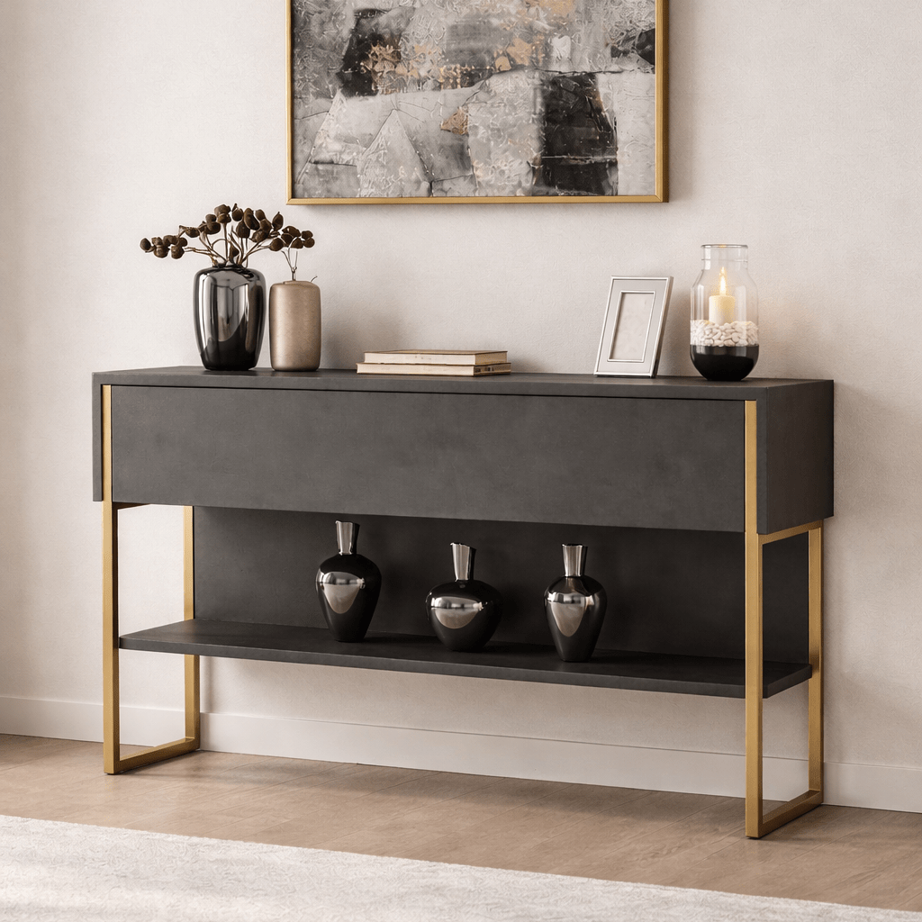 Modern Dressoir Antraciet Luxe 120x80x30 - Gouden Frame - Eén Vak