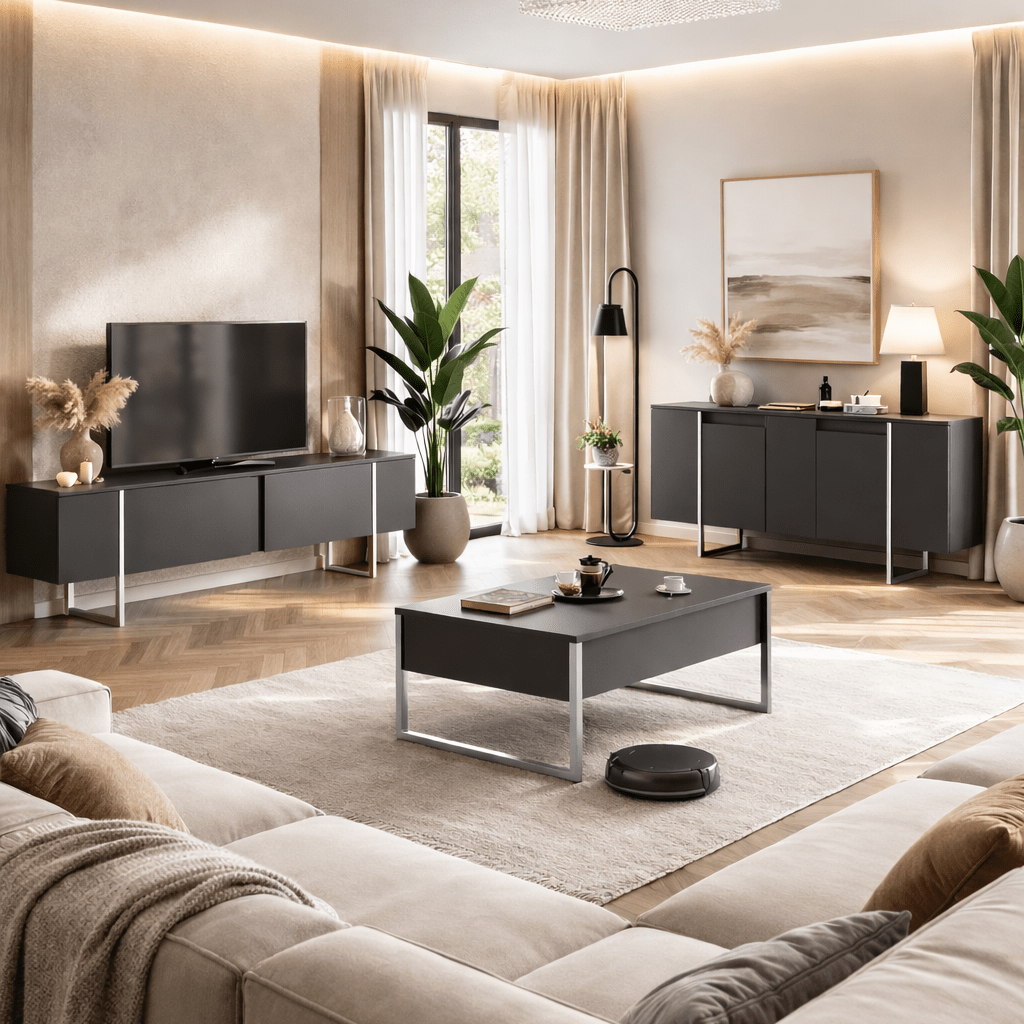 Modern Dressoir Antraciet Luxe 160x80x35 - Zilver Frame