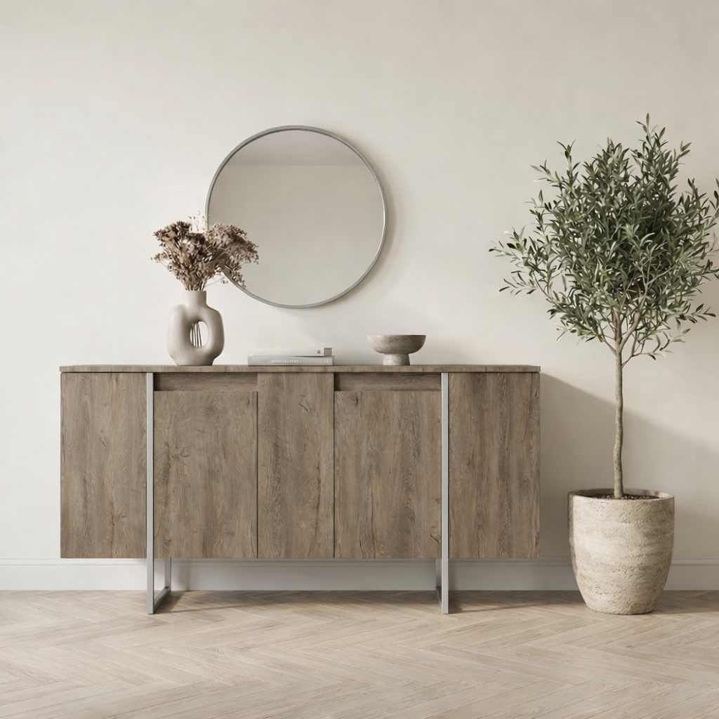 Modern Dressoir Walnoot Luxe 160x80x35 - Zilver Frame