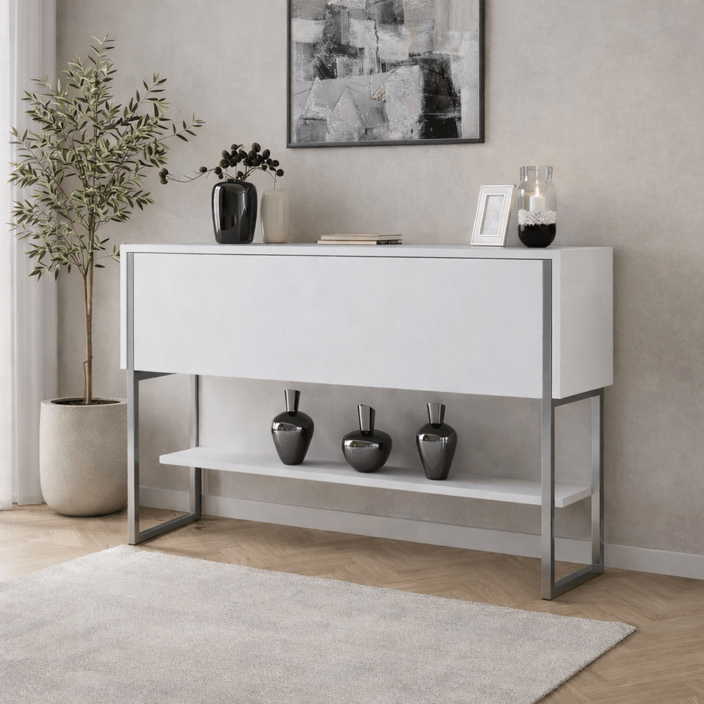 Modern Dressoir Wit Luxe 120x80x30 - Zilver Frame - Eén Vak