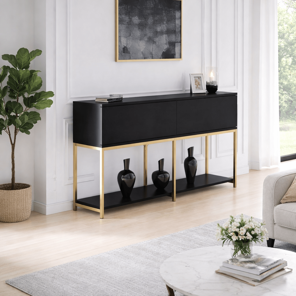 Modern Dressoir Zwart Lord 150x30x80 - Gouden Frame - Twee Vakken