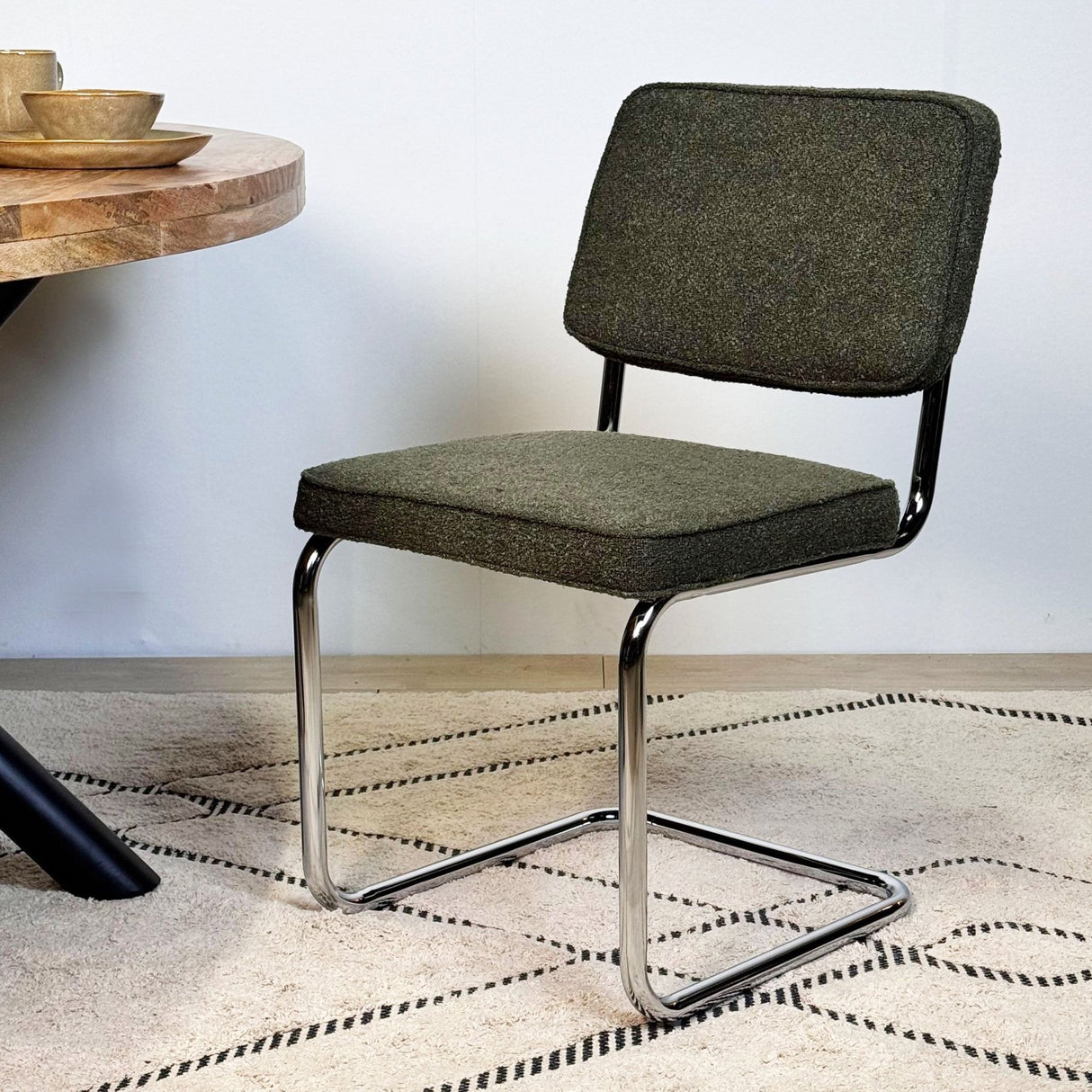 Moderne Eetkamerstoel Groen Bouclé Stof Sway - Chrome Frame - Zonder Armleuningen