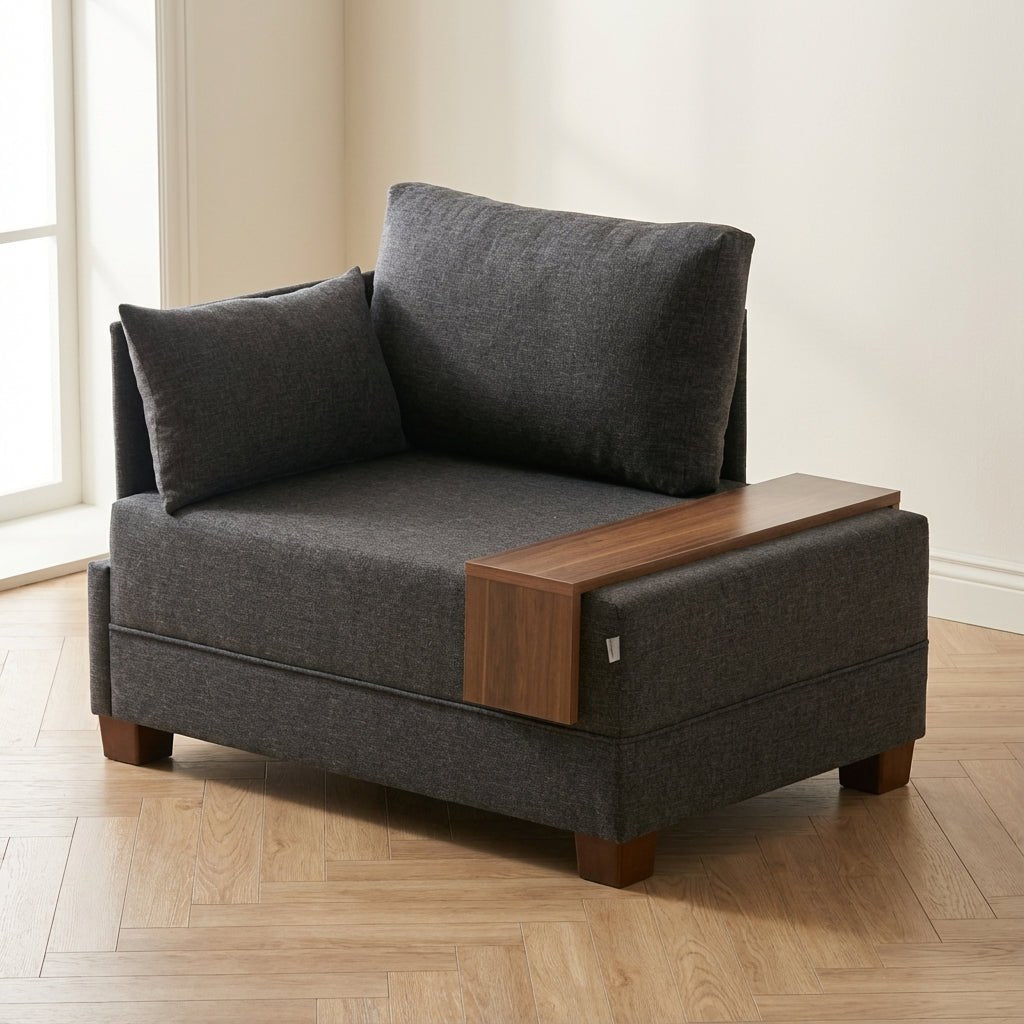 Moderne Fauteuil Antraciet Stof Fly - Links - Met Houten Tafeltje sfeerfoto in modern interieur