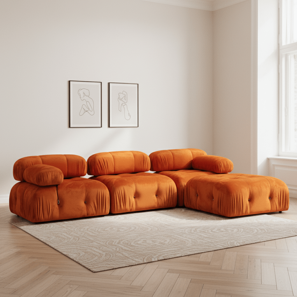 Modulaire XXL hoekbank Bubble met hocker - velvet oranje