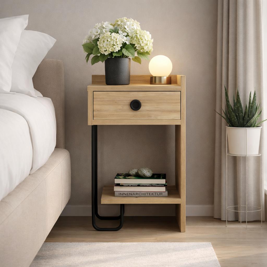 Nachtkastjes - Nachtkastje Eik Melamine - Met lade - Rechts - 32x61x30 cm - Sirius - Dimehouse