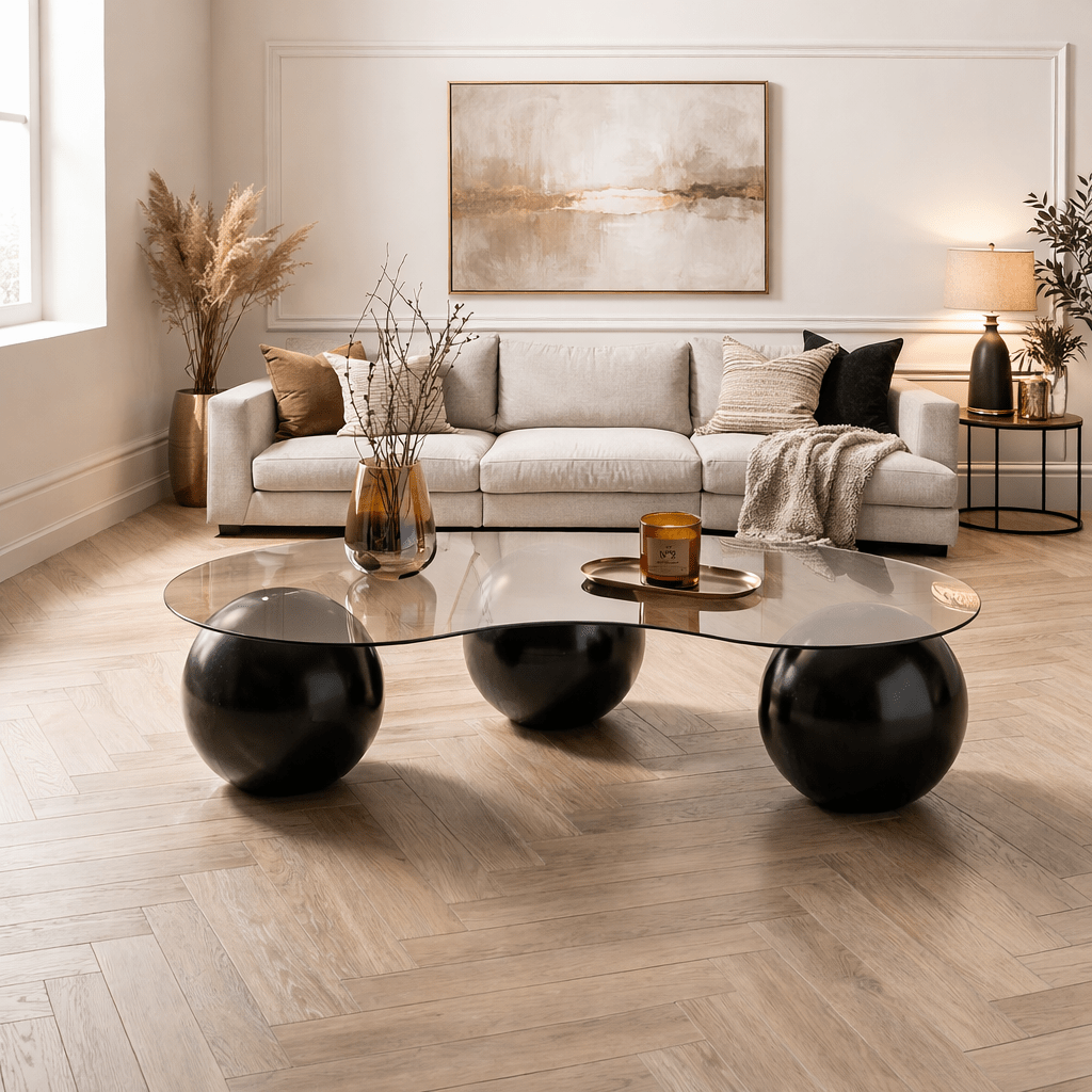 Organische salontafel brons getint glas zwarte bolpoten Sphere 120x70 cm