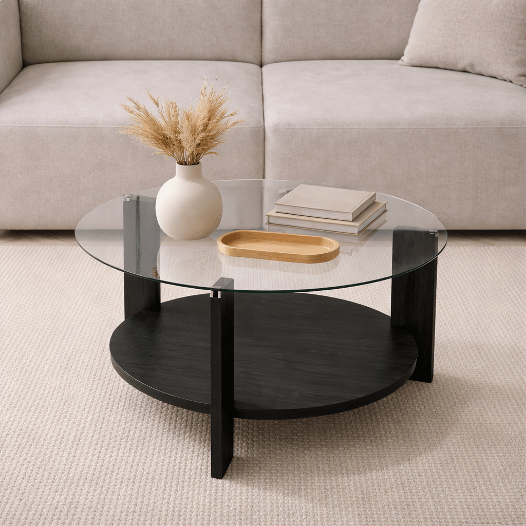 Ronde salontafel zwart melamine transparant glas Ø75 cm - Cairo