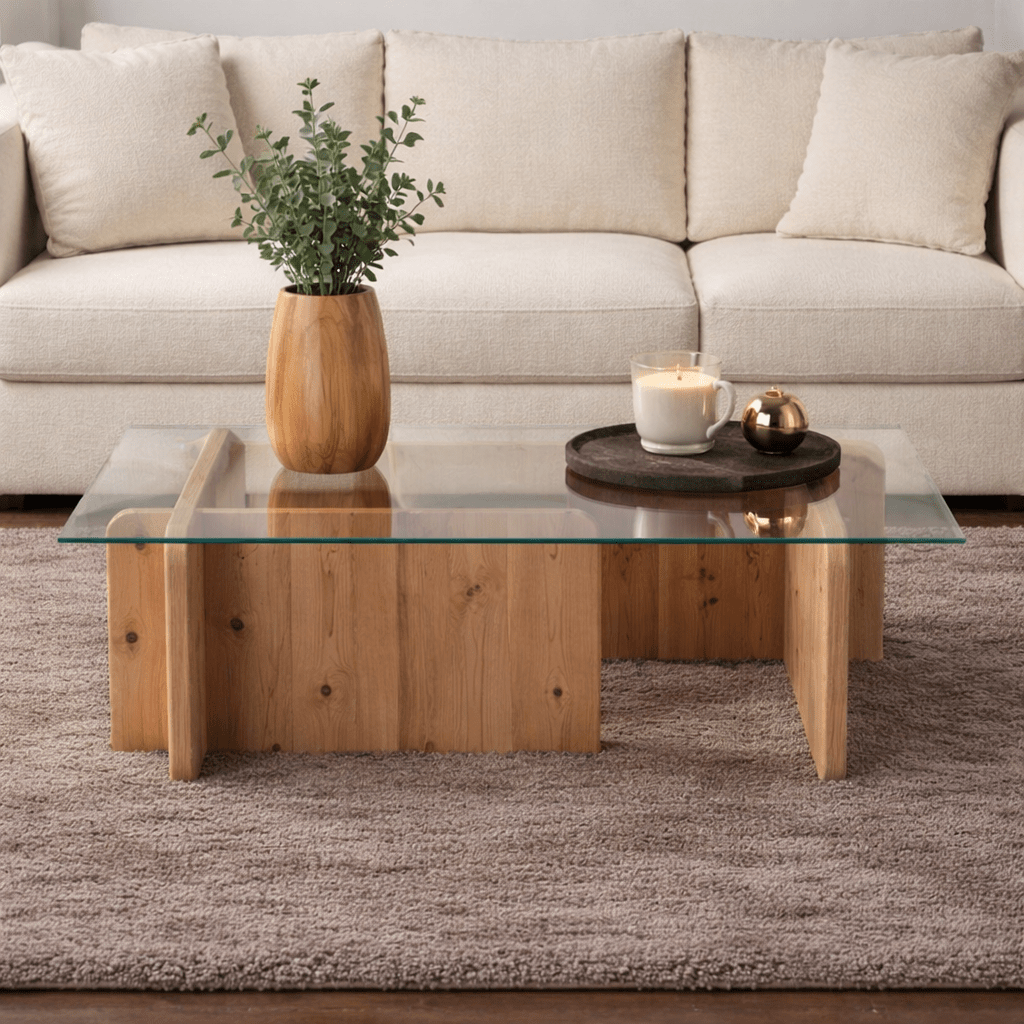 Salontafel Atlantisch Dennenhout Melamine Glas Opal 105x65x30 cm