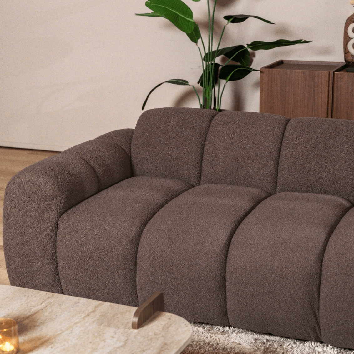 Banken-Hoekbank met lounge zacht bruin bouclé stof - strepen - rechts - Brix-Dimehouse