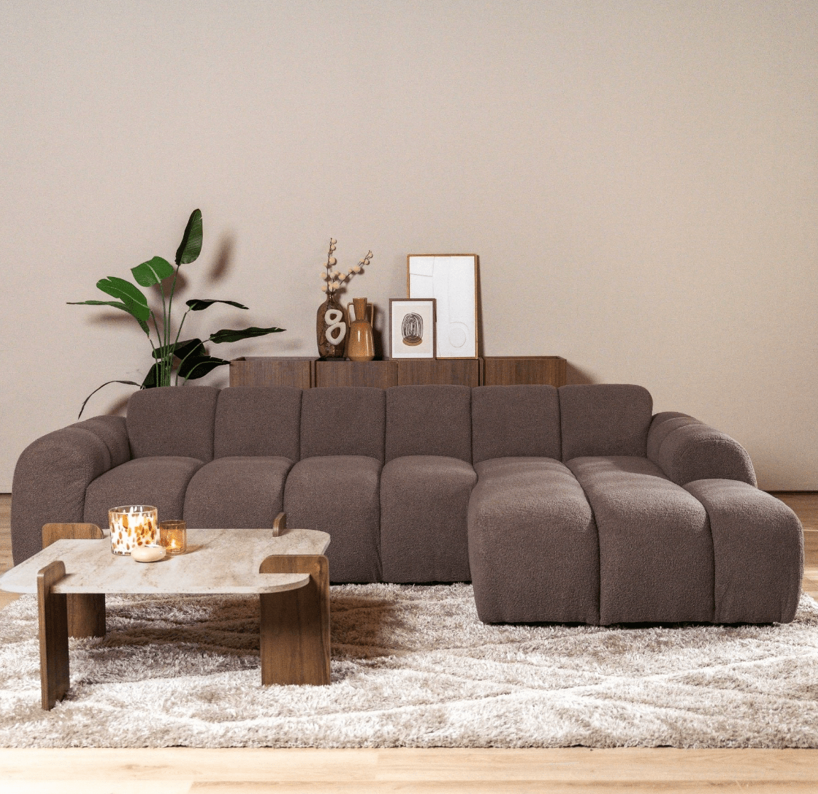 Banken-Hoekbank met lounge zacht bruin bouclé stof - strepen - rechts - Brix-Dimehouse